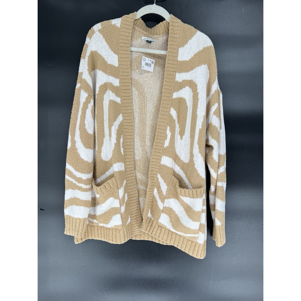 American Eagle Chenille Animal Print Cardigan Sweater Tan White Large NEW